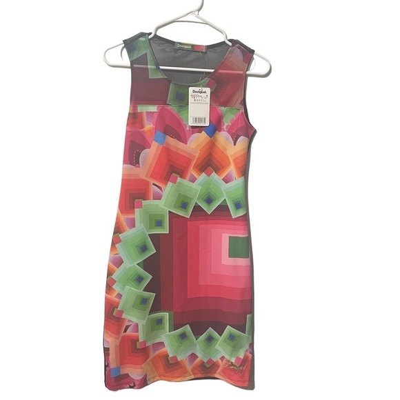 DESIGUAL Margaret Abstract Geometric Colorful Sleeveless Dress w/Mesh Neckline - Picture 3 of 12